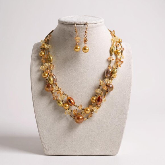 Three Strand Gold And Yellow Mix Bead Necklace Earring Set - Picture 1 of 1